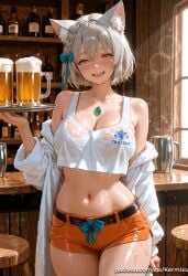 1girl :d ai_generated alcohol animal_ear_fluff animal_ears bangs bare_shoulders beer beer_mug belt blue_bow blue_gemstone blurry blush bow braid breasts cat_ears cleavage collarbone core_crystal cowboy_shot crop_top cup fur_trim gem hair_between_eyes hair_bow holding holding_tray indoors jewelry large_breasts long_sleeves looking_at_viewer midriff mio_(xenoblade) mug navel off_shoulder open_mouth orange_shorts patreon_username see-through shiny_skin shirt short_hair short_shorts shorts smile solo standing stomach sweat tank_top thighs tray waitress wet wet_clothes xenoblade_(series) xenoblade_chronicles_3 yellow_eyes