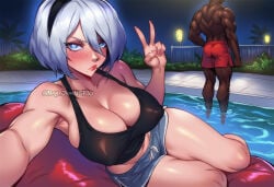 ai_generated ai_assisted nay_juno 1girl1boy 1girl 1girls 1boy1girl 1boy dark-skinned_male dark_skin sexy_pose sexy 2b_(nier:automata) nier_(series) nier:automata breasts looking_at_viewer blush short_hair blue_eyes large_breasts navel cleavage white_hair thighs outdoors shorts artist_name hand_up water v watermark short_shorts muscular night muscular_male headband abs tank_top crossover mole_under_mouth curvy selfie pool black_tank_top dolphin_shorts before_sex inminent_sex inminent_rape inminent_rape_attempt