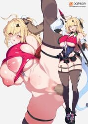 1boy 1girl absurdres ahoge arms_tied_behind_back bare_shoulders big_breasts blonde_hair blush bound bound_arms breasts brown_thighhighs censored chalky_(zenless_zone_zero) cissia_(zenless_zone_zero) colored_nails crying detached_sleeves full_body garter_straps hetero highres large_breasts long_hair long_nails looking_at_viewer multiple_views nipples open_mouth paid_reward_available painted_nails penis pink_nails polearm pussy rape red_eyes sex smile snake snake_girl snake_tail spear spread_legs tail thick_thighs thigh_strap thighhighs underboob vaginal weapon white_snake wide_hips yanje zenless_zone_zero