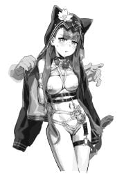 1girl a_tea arknights arms_behind_back ball_gag bdsm bondage bound breasts commentary_request crotch_rope disembodied_hand drooling gag highres hood jacket large_breasts long_hair looking_at_viewer navel nipples nude pepe_(arknights) shibari shibari_under_clothes solo standing stomach thigh_gap ungagged very_long_hair