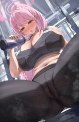 enoha blue_archive eimi_(armed)_(blue_archive) eimi_(blue_archive) absurdres highres 1girls black_pants blush bottle breasts cleavage halo holding holding_bottle huge_breasts long_hair midriff navel official_alternate_costume open_mouth pants pink_eyes pink_hair pink_halo ponytail sitting solo spread_legs steaming_body stomach sweat thighs very_sweaty yoga_pants