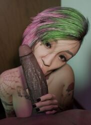 3d :>= big_penis blowjob cabezadeperro00 cyberpunk_2077 dark-skinned_male dark_skin fellatio green_hair interracial judy_alvarez latina latina_female light-skinned_female looking_at_viewer multicolored_hair pink_hair pov tagme tattoo