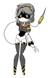 1girl 1girls a-angewomon arms_up blush blush_lines blushing blushing_at_viewer bottomless bottomless_female claws clitoris disassembly_drone drone embarrassed embarrassed_female female female_focus female_only grey_hair jacket midriff murder_drones no_panties robot robot_girl screen_face serial_designation_v stockings tail thin_waist v_(murder_drones) yellow_eyes