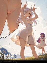 1boy 2_girls 2girls absurdres ai_generated arms_up artist_name best_quality blue_flower blunt_bangs breasts cleft_of_venus closed_mouth cloud clouds day depth_of_field detailed_background double_v dress drop_earrings earrings elf elf_girl erect_nipples fern_(sousou_no_frieren) field flower flower_field frieren frieren_(sousou_no_frieren) frieren_beyond_journey's_end from_below grass green_eyes heterochromia hi_res high_quality high_resolution highres horns jewelry long_hair looking_at_viewer masterpiece meadow multiple_girls nature nipples no_panties outdoors patreon_username perspective pointy_ears purple_hair pussy see_through see_through_dress sheer_dress short_sleeves sky small_breasts smile sousou_no_frieren standing tall_grass thighs transparent_dress twintails uncensored upskirt visible_through_clothes white_dress white_hair wind zimalarey