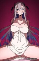 1girls 1girl brown_hair brown-haired_female blue_eyes blue-eyed_female smile smiling smiley_face smiling_at_viewer closed_mouth_smile red_background busty busty_female busty_girl adult adult_female mature_female mature large_breasts large_boobs big_breasts big_boobs breasts areola_slip areolae_slip dress outfit topwear clothes white_dress white_outfit white_topwear white_clothes legs_spread legs_apart spread_legs spreading_legs spreading_thighs very_long_hair very_long_hair_female blue_hair blue-haired_female multicolored_hair gradient_hair mole mole_on_body mole_on_face mole_under_mouth mole_on_cheek dayyo_(daydarion/day-chan) hair_ornament hair_ornaments slim_waist slender_waist slim_female narrow_waist slender_body lean_figure pochimaru_(vtuber) vtuber virtual_youtuber youtuber youtuber_girl vtuberfanart