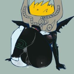absurd_res armor bedroom_eyes big_butt black_body bodily_fluids butt female fused_shadow genital_fluids genitals hair headgear helmet hi_res humanoid humanoid_pointy_ears imp markings midna multicolored_body narrowed_eyes nintendo nipples nude one_eye_obstructed one_fang orange_hair pointy_ears red_eyes seductive shortstack simple_background smile solo the_legend_of_zelda thick_thighs twili twilight_princess two_tone_body vono vulva wide_hips