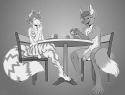 aaron_(kitsunelegend) anthro balls beverage burger burger_bun canid canine casual_nudity chair chest_tuft circumcised container crossed_legs crotch_tuft cup dipstick_tail drinking_straw duo eyewear fast_food food foreskin fox fries fur furniture genitals giggling glasses gloves_(marking) haru_(collector_canine) hi_res holding_food holding_object laugh laughing_at_another leg_markings maddworld male male/male mammal maned_wolf markings nipples nude nude_male on_chair penis pubes public public_nudity sitting sitting_on_chair social_nudity socks_(marking) striped_body striped_fur striped_markings striped_tail stripes table tail tail_markings tuft vein veiny_penis wearing_glasses