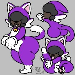 bell bell_collar big_lips black_hair bulge butt clothing collar costume dark-skinned_femboy dark-skinned_male dark-skinned_twink dark_body dark_skin ears_down elemental_creature elemental_humanoid fan_character femboy fungi_fauna fungi_humanoid fungus fur fursuit gloves grey_background hair handwear humanoid licking lips male mario_(series) multicolored_body multicolored_fur mushroom mushroom_humanoid nintendo obscured_eyes pawpads pivoted_ears purple_body purple_fur raised_leg self_lick signature simple_background sitting solo solo_male tail thick_thighs toad_(mario) tongue tongue_out toni_oni two_tone_body two_tone_fur very_dark_skin white_fur