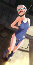 1girl absurdres ball_gag bdsm black_hair blue_one-piece_swimsuit bondage bound bound_ankles bound_arms breasts classroom cuffs dildo dildo_under_clothes gag gagged goggles hanged highres indoors long_hair new_school_swimsuit object_insertion one-piece_swimsuit original po-i-mu pussy_juice restrained school_swimsuit sex_toy small_breasts socks solo swim_cap swim_goggles swimsuit vaginal vaginal_object_insertion wiffle_gag