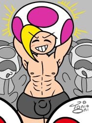 3:4 abs blonde_hair blush blush_lines bodily_fluids bulge drooling elemental_creature elemental_humanoid eyes_closed flexing fungi_fauna fungi_humanoid fungus grey_background group hair hand_behind_head humanoid light-skinned_male male male/male mario_(series) muscular muscular_male mushroom mushroom_cap mushroom_humanoid navel nintendo nipples prince_mush saliva shirtless shirtless_male signature simple_background smile spats surrounded toad_(mario) toni_oni