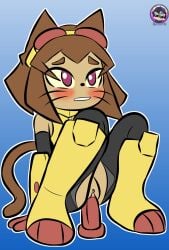 absurd_res anthro brown_hair cat_tail clothed clothing dildo domestic_cat felid feline felis female flat_colors fur gameoverse genitals glitch_productions hair hi_res kit_(gameoverse) kit_bodega mammal partially_clothed penetration sex sex_toy sirjzau solo tan_body tan_fur vaginal vaginal_penetration vulva