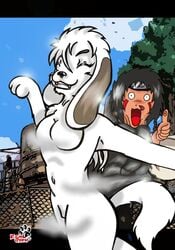 akamaru_(naruto) anthro breasts female furry genderswap human inuzuka_kiba lens_flare naruto rena_ayama_(artist) rule_63 tail white_fur white_hair