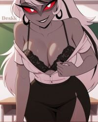 1girls big_ass breasts carmilla_carmine chained chains curvy curvy_body curvy_female curvy_figure dark_skin demon demon_girl demon_humanoid ear_piercing ear_ring earrings eyebrows eyelashes hazbin_hotel long_hair looking_at_viewer milf red_sclera solo solo_female solo_focus toned_body toned_female vivienne_medrano white_eyes white_hair deskk ai_generated artist_name detailed_background smile black_nails white_shirt school_uniform teacher school lace bra board black_skirt teacher_outfit teacher_and_student close-up removing_clothing removing_shirt big_breasts hand_on_chest showing_breasts unbuttoned_shirt unbuttoned