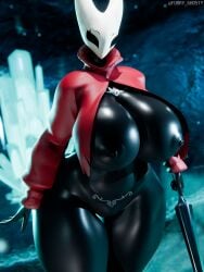 2025 3d absurd_res anthro arthropod big_breasts black_body black_eyes breasts clothed clothing digital_media_(artwork) female front_view furry_ghosty hi_res hollow_knight_(franchise) horn hornet_(hollow_knight) mostly_nude night nipples non-mammal_breasts open_clothing open_shirt open_topwear outside pubic_tattoo shirt solo standing tattoo team_cherry topwear weapon white_head