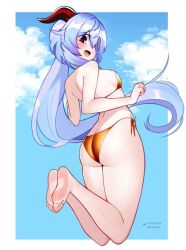 jaxdrawz ganyu_(genshin_impact) genshin_impact gold_bikini big_butt big_ass sideboob small_breasts thick_thighs wide_hips curvy_hips backside blue_hair long_hair hair_between_eyes feet soles jumping_in_air ass pale_skin sky