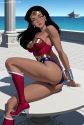 1girl ai_generated aircraft ass bare_shoulders black_hair blue_eyes boots breasts cleavage dark_skin dc_animated_universe dc_comics dcau diana_prince earrings ground_vehicle hi_res high_heel_boots high_heels high_quality high_resolution jewelry justice_league justice_league_unlimited large_breasts leotard long_hair looking_at_viewer makeup motor_vehicle patreon seductive sexy spicytoonai strapless uncensored watermark wonder_woman wonder_woman_(series)