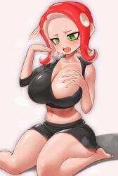 nobunagapero peronattu octoling agent_8_(splatoon) big_breasts red_hair green_eyes splatoon splatoon_(series) octoling_girl tentacle_hair sitting one_breast_out sweating