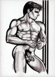 1985 1boy alexander_(artist) balls bara dated flaccid gay male male_only monochrome muscular nipples original penis pubic_hair solo tan_skin tanline traditional_media