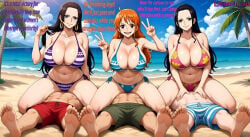 3boys 3girls ai_generated beach big_breasts bikini boa_hancock breasts dialogue dominant dominant_female domination enmashusui facesitting female large_breasts male monkey_d_luffy nami_(one_piece) nico_robin one_piece roronoa_zoro smile text vinsmoke_sanji