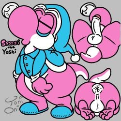 anus backsack balls barefoot bottomless butt clothed clothing dinosaur eye_bags eyes_closed fan_character feet footwear genitals grey_background hat headgear headwear male mario_(series) multicolored_body nintendo nude penis pink_body prehistoric_species rear_view reptile saddle scalie shoes signature simple_background sleeping slippers solo tail text toes toni_oni two_tone_body white_body yoshi