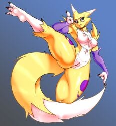 3_toes anthro bandai_namco black_claws black_nails black_sclera blue_background breasts claws colored_nails digimon digimon_(species) dipstick_tail feet female female_anthro fingernails fur genitals glistening glistening_body glistening_fur gradient_background hi_res long_tail markings medium_breasts motion_lines nails navel nipples nude purple_sleeves raised_leg randomgloves renamon sharp_fingernails sharp_nails simple_background solo standing tail tail_markings thick_thighs toe_claws toes vulva white_body white_fur white_tail_tip