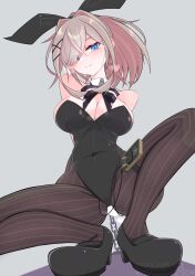 1girl absurdres animal_ear_hairband animal_ears blonde_hair blue_eyes breasts chain commentary_request electrostimulation fake_animal_ears fake_tail female female_only hair_over_one_eye hairband highres large_breasts looking_at_viewer menou_74 nijisanji pantyhose ponytail pussy_juice rabbit_ear_hairband rabbit_ears rabbit_tail solo squatting striped_clothes striped_pantyhose suzuhara_lulu tail variant_set virtual_youtuber