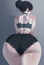 1girls ai_assisted ass ass_focus back bare_shoulders big_ass black_choker black_hair blush body_blush cellulite choker cowboy_shot crop_top curvy curvy_female curvy_figure cutoffs denim denim_shorts earrings facing_away fat_ass female female_only from_behind gluteal_fold gradient_background hair_bun hikkaria huge_ass mature_female micro_shorts mole mole_on_ass mole_under_mouth pale-skinned_female pale_skin pawg plump shiny_skin short_shorts simple_background skindentation solo solo_female standing sweat thick thick_ass thick_thighs trembling wet wide_hips
