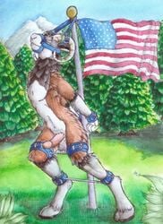 1boy bai bondage bound closed_eyes cuffs flag hooves horns male male_only muzzle penis ram ruaidri solo spreader_bar tree