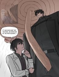 2boys black_coat black_hair black_shirt coat collared_shirt english_text erection from_below hand_on_own_chin hand_on_own_elbow height_difference highres kim_dokja looking_at_another male_focus meme multiple_boys omniscient_reader's_viewpoint open_clothes open_coat open_fly penis rain reference_inset shirt short_hair taotaille veins white_coat yoo_joonghyuk