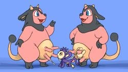 16:9 2026 2_horns 3_toes aipom all_fours ambiguous_anthro ambiguous_gender anthro anthro_on_anthro black_body black_ears black_fur black_hooves black_nose black_tail blue_background blue_eyes bodily_fluids bovid bovine cloven_hooves deathheadmoth00 eyelashes featureless_arms feet female female/ambiguous female_anthro fur generation_2_pokemon group half-closed_eyes hands_on_own_hips head_tuft hi_res hoof_hands hooves horn interspecies lactating larger_female looking_up mammal milk milk_on_face miltank multicolored_body multicolored_fur narrowed_eyes nintendo nude nude_ambiguous nude_anthro nude_female open_mouth open_smile pink_body pink_fur pink_udders pokemon pokemon_(species) primate purple_body purple_ears purple_fur purple_tail red_tongue semi-anthro short_horn simple_background size_difference small_horn smaller_ambiguous smile snout suggestive tail tail_hand tan_horn tan_inner_ear tan_tail teats toes tongue trio tuft two_tone_body two_tone_fur two_tone_tail udder_lactation udder_nursing udders unusual_anatomy unusual_tail widescreen