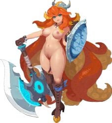 1girls ai_assisted axe boots breasts gloves nude_female orange_hair paladin_(soul_knight) pussy shield soul_knight viking_female viking_helmet