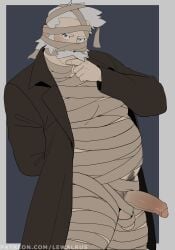 professor_rowan pokemon pokemon_dppt male_only male solo old_male white_hair white_beard beard vest happy_trail bandage mummy mummy_costume halloween halloween_costume thinking penis foreskin testicles lewalrus erection bara