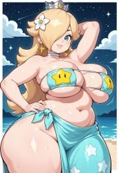 1girls ai_generated arm_behind_head armpit belly bikini bikini_top blonde_hair blue_eyes beach clothing clouds crown ear_piercing fat fat_belly fat_female fat_thighs female female_only flower flower_in_hair human human_only hand_on_head hand_on_hip large_breasts large_thighs light-skinned_female light_skin looking_at_viewer long_hair mario_(series) mature mature_female mammal mommy milf nintendo night night_sky overweight overweight_female princess_rosalina princess royalty stars smile sexy solo solo_female solo_focus thick_thighs thighs voluptuous voluptuous_female wide_hips