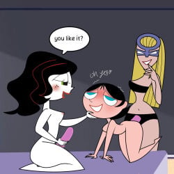 3girls bdsm dominant_female femdom femme_fatale_(powerpuff_girls) femsub lesbian mask masked masked_female ms._keane pegging penetrating_pussy penetration powerpuff_girls sedusa strap-on submissive_female trio trio_female yuri