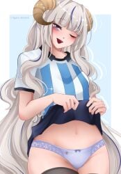 1girls argentina aurora_atria breasts female female_only grey_hair horns latam_virtual_youtuber lefolk light-skinned_female light_skin long_hair one_eye_closed panties purple_eyes shirt simple_background skirt_up small_breasts space_dessert stockings thighs virtual_youtuber vtuber young younger_female