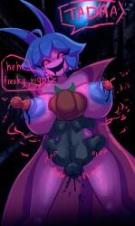 1girls 3k6 alternate_version_at_source alternate_version_available armless black_goo black_sclera blue_hair cape dialogue droopy_(theshammah) female goop goosebumps_(theshammah) hair_horns halloween looking_at_viewer newgrounds part_of_a_set pink_eyes pink_skin talking_to_viewer text text_bubble exhibitionism huge_breasts large_breasts plap plap_(sound) 1boy 1boy1girl anal_beads anal_beads_in_nipple erect_nipples nipples nipple_penetration nipple_insertion blue_areola nude naked nude_female open_mouth sex_toy large_nipples large_areolae balls