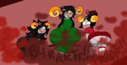sunniefunnie brappycatty homestuck homestuck_troll 3girls troll_(homestuck) female_only relatives aradia_megido damara_megido the_handmaid gray_skin grey_skin black_hair horns orange_horns ram_horns red_blush blush blushing biting_lip biting_own_lip sharp_teeth red_lipstick dress tight_clothing tight_dress gray_dress grey_dress green_dress short_skirt panties pink_panties thighhighs thigh_highs thighhigh_socks thigh_high_socks hair_ornament hair_bun pupilless_eyes bent_over bending_over bending_forward ass ass_focus back_view from_behind ass_bigger_than_head ass_ripple ass_ripples rippling_ass big_ass large_ass butt butt_focus butt_bigger_than_head butt_ripples butt_ripple rippling_butt big_butt large_butt onomatopoeia fart fart_fetish fart_cloud farting farts farting_together