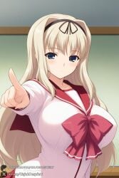 1girl school_uniform solo long_hair blonde_hair breasts blue_eyes serafuku large_breasts pointing hair_intakes hairband ribbon chalkboard blush hair_ribbon pointing_at_viewer bow kusugawa_sasara to_heart_(series) to_heart_2 to_heart unjobdespiert ai_generated 1female looking_at_viewer curvy huge_breasts huge_ass big_breasts big_ass 1girls 2026 artist_name watermark hi_res highres high_quality high_resolution patreon_username patreon