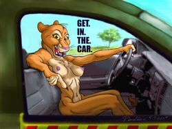 2009 anthro beige_fur breasts brown_eyes car color driving english_text female female_only fur furry furry_breasts furry_ears furry_tail it's_a_lion_get_in_the_car lion lioness looking_at_viewer meme navel nude open_mouth orange_fur rindimo side_view sitting solo tail text tree yellow_sclera