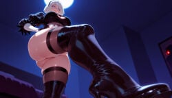 clothing female nier:_automata nier_(series) yorha_no.2_type_b 2b_(nier:automata) white_hair 1girl breasts boots footwear puffy_sleeves leotard thighs thighhighs ass legwear blue_eyes from_below high_heels thigh_boots long_sleeves short_hair thick_thighs thighhighs_under_boots juliet_sleeves mole high_heel_boots feather-trimmed_sleeves mole_under_mouth hairband black_footwear shoes clothing_cutout gloves large_breasts skindentation leather_boots solo highleg highleg_leotard no_blindfold cleavage_cutout looking_at_viewer indoors solo_focus white_leotard shiny_skin leather stepped_on black_thighhighs cleavage looking_down black_gloves curvy smile black_hairband hand_on_own_hip shiny_clothes lips thong_leotard standing bed inviting inviting_to_sex seductive seductive_look seductive_smile presenting presenting_hindquarters presenting_ass presenting_self presenting_breasts presenting_pussy presenting_feet 1girls ai_generated voluptuous_female voluptuous curvaceous curvaceous_figure curvaceous_female curvy_figure female_focus balecxi nier yorha_2b