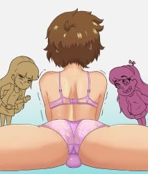 1boy 2girls back_view bra brown_hair bulge crossdressing dipper_pines disney_channel gearthefae gravity_falls lingerie lingerie_only mabel_pines male_focus pacifica_northwest panties split