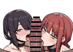 1girls 2026 2girls back_hair bbc_slave blush censor_bar censored censored_penis chains chainsaw_man collaborative_fellatio collar dark-skinned_male fellatio ffm_threesome highres leash_and_collar leashed_to_another leashed_together light-skinned_female makima_(chainsaw_man) male_pov nayuta_(chainsaw_man) orange_eyes pikumin64 red_hair simple_background slave sweat textless_version threesome
