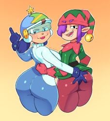 2girls ass ass_focus ass_grab blue_hair brawl_stars jacky_(brawl_stars) light-skinned_female looking_at_viewer looking_back notwawita penny_(brawl_stars) purple_hair simple_background supercell