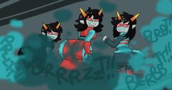 sunniefunnie brappycatty homestuck homestuck_troll troll_(homestuck) 3girls relatives terezi_pyrope latula_pyrope neophyte_redglare red_glasses gray_skin grey_skin orange_horns horns sharp_teeth biting_lip black_hair bending_over bent_over bending_forward female_only back_view from_behind teal_blush jeans tight_clothing grabbing_ass grabbing_own_ass grabbing_butt grabbing_own_butt ass ass_focus ass_grab ass_bigger_than_head rippling_ass ass_ripple ass_ripples big_ass large_ass butt butt_focus butt_grab butt_bigger_than_head butt_ripples butt_ripple rippling_butt fart fart_fetish fart_cloud farting farts farting_together onomatopoeia blue_fart blue_fart_cloud