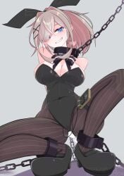 1girl absurdres animal_ear_hairband animal_ears blonde_hair blue_eyes breasts chain collar commentary_request cuffs electrostimulation fake_animal_ears fake_tail female female_only grin hair_over_one_eye hairband highres large_breasts looking_at_viewer menou_74 metal_collar nijisanji pantyhose ponytail pussy_juice rabbit_ear_hairband rabbit_ears rabbit_tail shackles smile solo squatting striped_clothes striped_pantyhose suzuhara_lulu tail variant_set virtual_youtuber