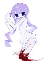 1018sus 1girl absurdres amputee antenna_hair bare_arms bare_shoulders black_eyes blood blood_on_leg blood_splatter blue_eyes blunt_bangs blush bone breasts center-flap_bangs colored_skin double-parted_bangs double_amputee dress empty_eyes frilled_dress frills frown gore gradient_eyes guro hair_between_eyes hands_up highres legless_amputee long_arms long_hair low_twintails lying microdress multicolored_eyes no_nose no_pupils on_side open_mouth original own_hands_together purple_hair raised_inner_eyebrows ringlets scared shorts sidelocks simple_background single_eyebrow sleeveless sleeveless_dress small_breasts solo sweat twintails very_long_hair white_background white_dress white_shorts white_skin