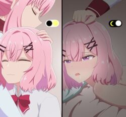 2girls absurdres amaori_haruna amaori_renako ashigaya_high_school_uniform bow bowtie closed_eyes collared_shirt commentary day_and_night english_commentary grabbing_another's_hair hair_ornament hairclip hand_on_another's_head highres holding_another's_hair hug implied_incest implied_sex long_sleeves multiple_girls nude on_bed open_mouth parted_lips pink_hair purple_eyes red_bow red_bowtie saliva school_uniform shirt siblings sisters user_vpms8433 watashi_ga_koibito_ni_nareru_wake_naijan_murimuri! white_shirt x_hair_ornament yuri