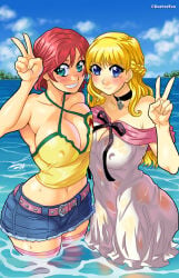 2girls big_breasts blonde_hair blue_eyes blush breast_to_breast busty choker clothing darkereve detailed_background dress female female_only green_eyes grin grinning_at_viewer hi_res iihara_nao in_water jean_shorts large_breasts long_hair looking_at_viewer midriff navel nipple_bulge partially_submerged pose posing red_hair resort_boin sea smile smiling smiling_at_viewer toned tsukushino_mitsugu v_sign wet_clothes