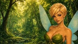 ai_generated bare_shoulders blonde blonde_female blonde_hair cleavage cswiz fairy fairy_wings female female_only forest high_resolution leaf_clothing looking_at_viewer pixie_cut pixie_cut_female pixie_cut_hair pointy_ears tagme tinker_bell