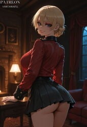 vantawaifu ai_generated darjeeling girls_und_panzer military_uniform 1girl clothing female blonde_hair black_skirt looking_at_viewer solo darjeeling_(girls_und_panzer) pleated_skirt blue_eyes large_breasts skirt indoors smile breasts lamp ass from_behind long_sleeves looking_back braid grin black_clothes window night thighs curtains hair_between_eyes miniskirt makeup table st._gloriana's_military_uniform shirt_tucked_in artist_name uniform couch red_jacket short_hair underbutt jacket no_panties shirt parted_lips cowboy_shot red_shirt twin_braids chair fireplace standing military_jacket teeth blurry_background patreon_username see-through_silhouette eyeshadow lips see-through epaulettes